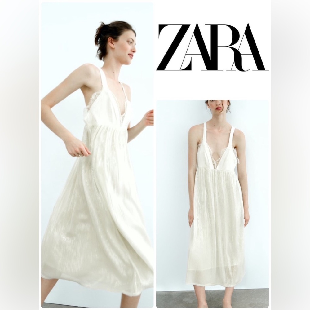 New Zara Sequin Lace Knit Ivory White Slip Dress 2142/040 Small Medium